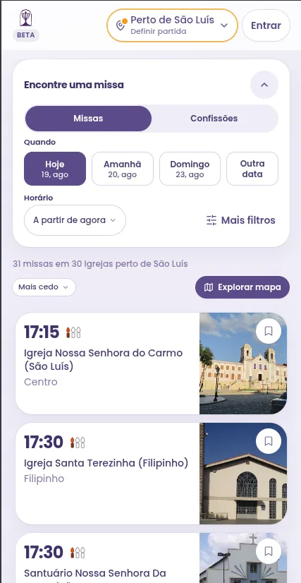 Tela do Meu Sacramento com busca por horários de missa